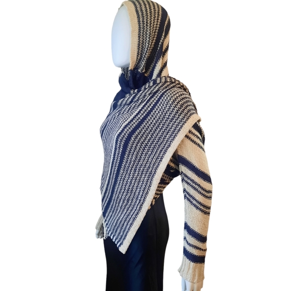 PRONTO Ribbon Knit Waterfall Front Convertible Striped Cardigan Sz M Navy/Ivory - Picture 5 of 8